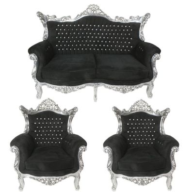 Casa Padrino Barock Wohnzimmer Set Schwarz / Silber mit Bling Bling Glitzersteinen