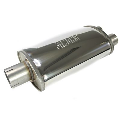 SIMONS Universal Edelstahl Schalldämpfer TOPF Auspuff LEISE - "SPLIT" 63MM GLANZ