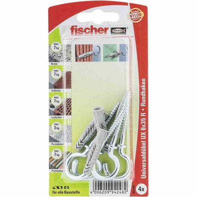 UX 6 x 35 RH K Universaldübel mit Rundhaken 4,5 x 67, * * * SB-Karte * * *, 4 Stück