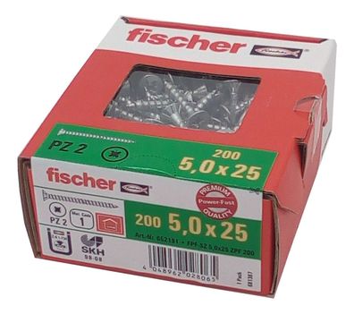 200 Fischer Spanplattenschrauben 5,0x25mm PZ2 Holzschrauben verzinkt Vollgewinde