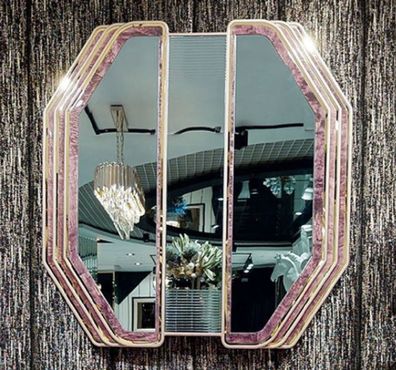 Casa Padrino Luxus Art Deco Wandspiegel Lila / Gold - Massivholz Spiegel mit Marmorop