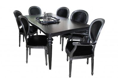 Casa Padrino Design Esszimmerset Schwarz/Silber - Ausziehbar Esstisch + 6 Stühle