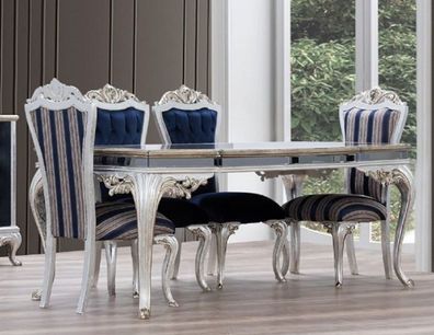 Casa Padrino Luxus Barock Esszimmer Set Blau / Silber - 1 Esstisch & 6 Esszimmerstühl
