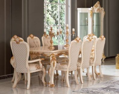 Casa Padrino Luxus Barock Esszimmer Set Weiß / Gold - 1 Esstisch & 8 Esszimmerstühle