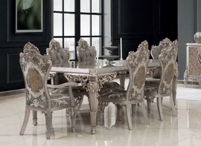 Casa Padrino Luxus Barock Esszimmer Set Grau / Silber - 1 Esstisch & 8 Esszimmerstühl