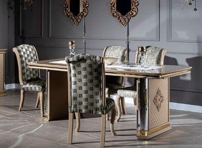 Casa Padrino Luxus Art Deco Esszimmer Set Beige / Gold - 1 Esstisch & 6 Esszimmerstüh