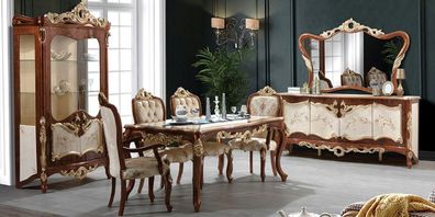 Casa Padrino Luxus Barock Esszimmer Set Cremefarben / Braun / Gold - 1 Esstisch & 6 E