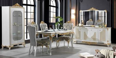 Casa Padrino Luxus Barock Esszimmer Set Grau / Weiß / Gold - 1 Esstisch & 6 Esszimmer