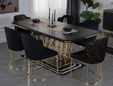 Casa Padrino Luxus Esszimmer Möbel Set Schwarz / Gold - 1 Esszimmertisch & 6 Esszimme