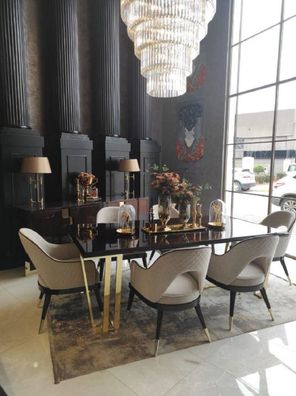 Casa Padrino Luxus Art Deco Esszimmer Set Beige / Dunkelbraun / Gold - 1 Esstisch & 6