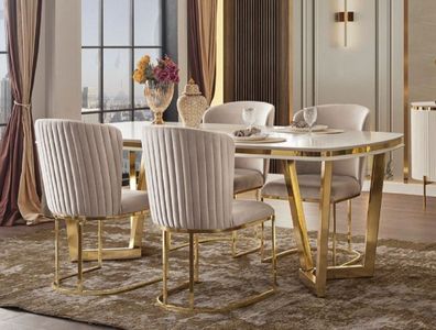Casa Padrino Luxus Esszimmer Set Weiß / Grau / Gold - 1 Esstisch & 4 Esszimmerstühle