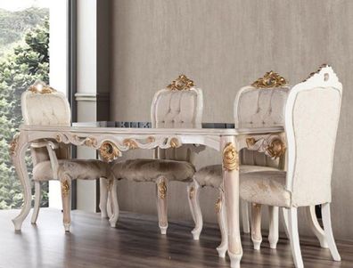 Casa Padrino Luxus Barock Esszimmer Set Grau / Weiß / Beige / Gold - 1 Barock Esstisc