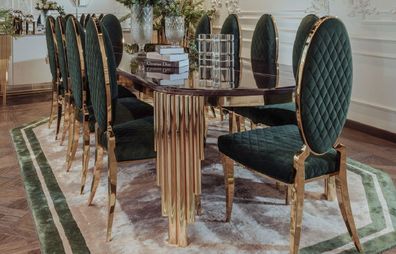 Casa Padrino Luxus Esszimmer Set Schwarz / Grün / Gold - 1 Luxus Esstisch & 10 Luxus