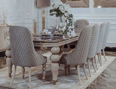 Casa Padrino Luxus Art Deco Esszimmer Set Grau / Weiß / Gold - 1 Art Deco Esstisch mi