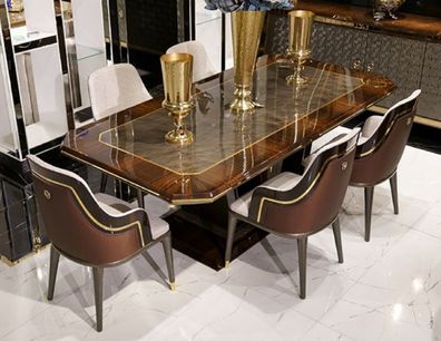 Casa Padrino Luxus Esszimmer Set Grau / Braun / Gold - 1 Esstisch & 6 Esszimmerstühle