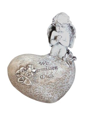 Gedenkstein Engel auf Herz Grabschmuck Spruchstein Grabdeko Dekoherz Gartendeko