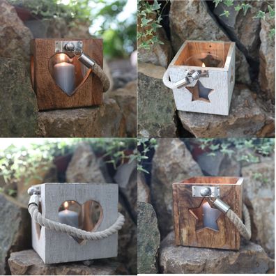 Holzlaterne mit Tau 14cm Windlicht Gartenlaterne Kerzenhalter Kerzenständer