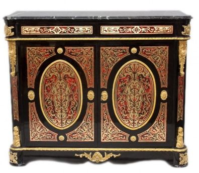 Casa Padrino Barock Boulle Kommode Schwarz / Gold / Rot mit Marmorplatte 125 cm - Möb