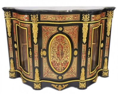 Casa Padrino Barock Boulle Kommode Schwarz / Gold / Rot mit Marmorplatte 161 cm - Möb