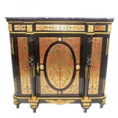 Casa Padrino Barock Boulle Kommode Schwarz / Gold / Rot mit Marmorplatte 130 cm - Möb