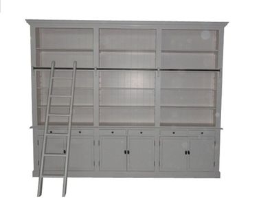 Bücherregal im Landhausstil (B 300 x T 36 x H 240) mit Leiter (H 300 cm) weiss Antik