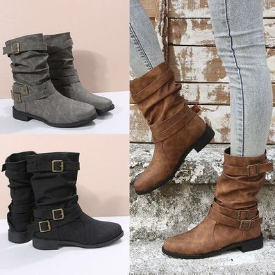 Damen Stiefel Biker Warm Booties Stiefeletten Worker Winterboots Schnurer Schuhe