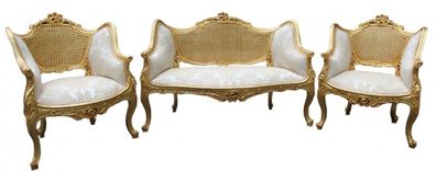 Casa Padrino Barock Salon Sitzbank + 2 Sessel Creme/ Gold - Cocktailset- Salon Set