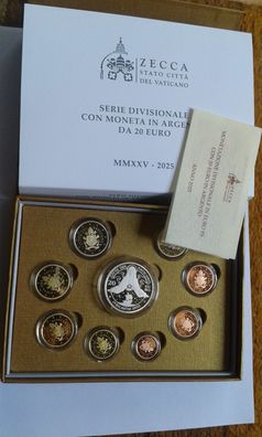 Original KMS 2025 Vatikan PP Papst Leo im Folder 1 cent-2 euro + 20 euro Silber