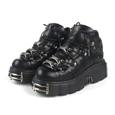 New Rock Boots mit metallischer schwarzer Lederplattform Schuhe