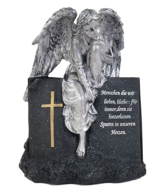Grab-Spruchstein Engel sitzend 28cm Grabschmuck Gedenkstein Grabdeko Grabengel