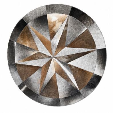 Kuhfell Patchwork | Grau-Braun-Creme, ca. 145x145 cm | Muster Silberkompass | Unikat