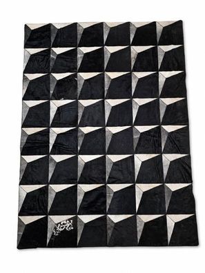 Kuhfell Patchwork | Schwarz-Grau-Creme, ca. 195x145 cm | Muster Kristallraster