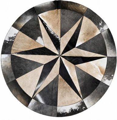 Kuhfell Patchwork | Grau-Schwarz-Creme, ca. 145x145 cm | Muster Nordstern | Unikat