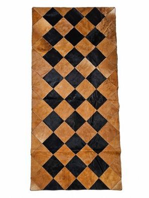 Kuhfell Patchwork | Schwarz-Cognac, ca. 180x80 cm | Muster Bernsteinschach | Unikat