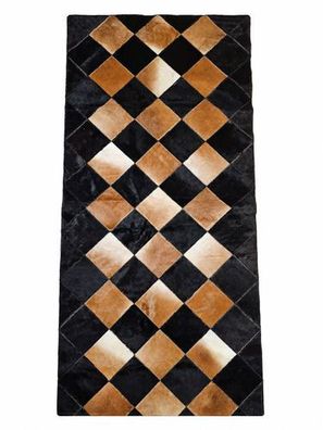 Kuhfell Patchwork | Schwarz-Cognac-Creme, ca. 180x80 cm | Muster Honigkaro | Unikat