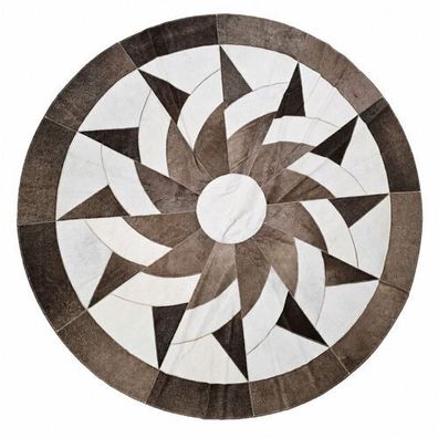 Kuhfell Patchwork | Taupe-Creme-Dunkelbraun, ca. 145x145 cm | Muster Wirbelmandala