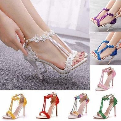 Neu Damen Sandalen Spitze Perle Braut High Heels Braut Pumps Hochzeit Schuhe