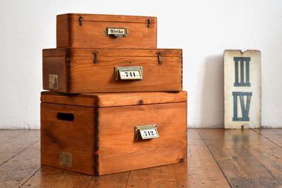 Set 3x Kiste mit Deckel Holz Antik Apothekerkiste Vintage Kasten Alt Massivholz