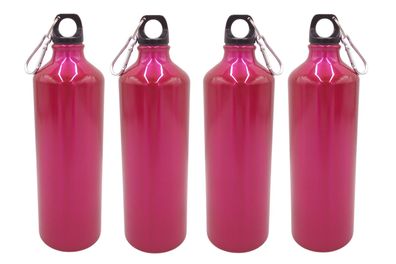 4x Aluminium Trinkflasche 1 Liter pink mit Karabiner Wasserflasche Sportflasche
