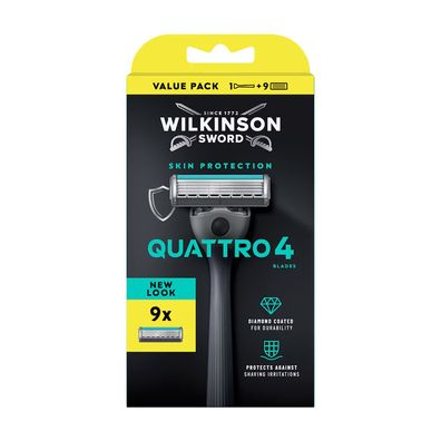 Wilkinson Sword Quattro 4 Rasierer + 9 Ersatzklingen Skin Protection Herren Klingen