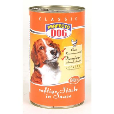 12x 1240g Perfecto Hundefutter Große Dosen Geflügel, saftige Stücke in Sauce