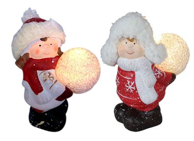 Keramik-Kinderfigur stehend mit LED-Schneeball Dekofigur Weihnachtsdeko warmweiß