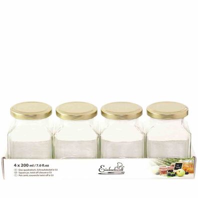 Quadratglas 4x200ml + Schraubdeckel Glas Einmachglas Einweckglas Marmeladenglas