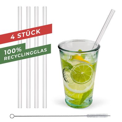 4 Stück Strohhalme aus Glas Trinkhalme 20cm mit Reinigungsbürste Trinkröhrchen