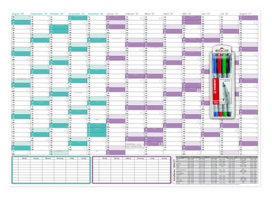 Schuljahreskalender 2026/27 DIN B1 700 x 1000 mm, abwischbar matt, Stifteset