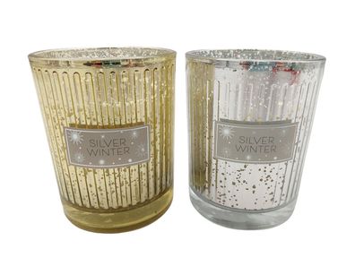 2 x Kerze im geriffelten Glas "Silver Winter" Winterkerze Dekokkerze Kerzen