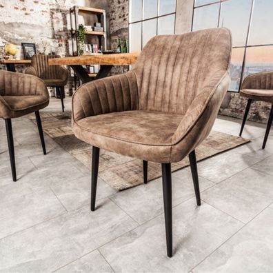 Eleganter Stuhl MILAN Mikrofaser Taupe Ziersteppung Armlehnen Esszimmerstuhl Retro