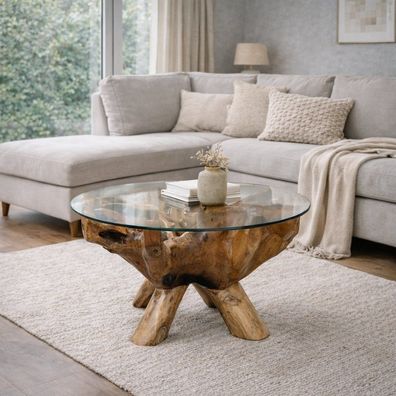 Teak Couchtisch ZONAS 110cm Natural Massivholz Wohnzimmertisch Wurzelholz