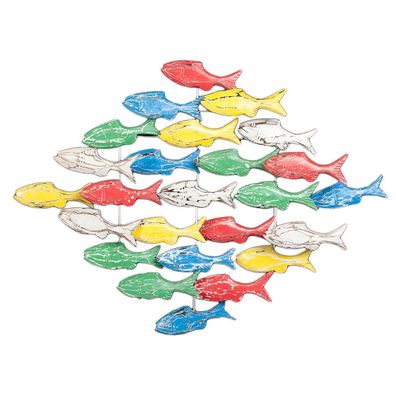 Wand-Deko IKAN ca.90x65cm Bunt Albasia Holz Fische Schwarm Wandbild Objekt