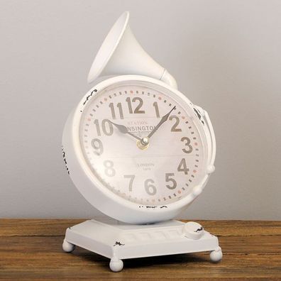 DESIGN METALL Tischuhr Gramophone vintage-weiss STUDIO UHR RETRO Musiker Grammophon